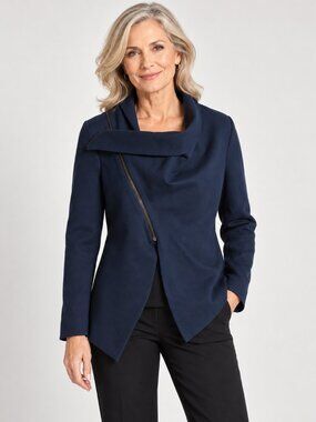 Isabel De Pedro Women's Sz 6 Blue Asymmetric Zip Cowl Blazer Avant Garde Chic
